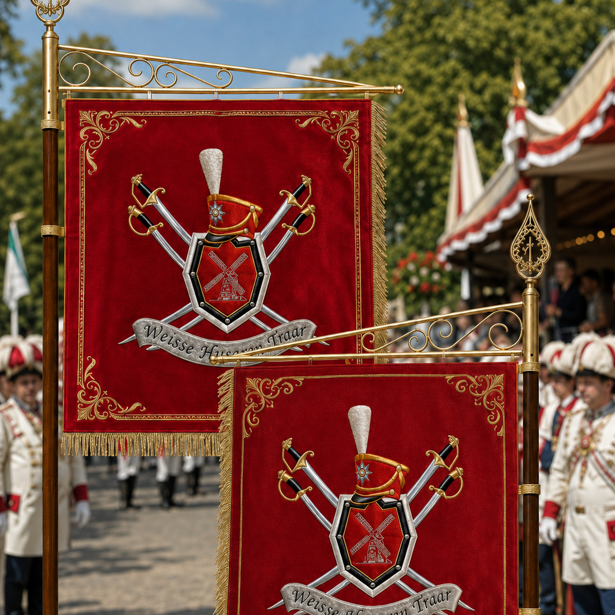 Rote Standarte mit goldenem Ausleger, Fransen und Vereinswappen der Weißen Husaren Traar bei einem Schützenfest