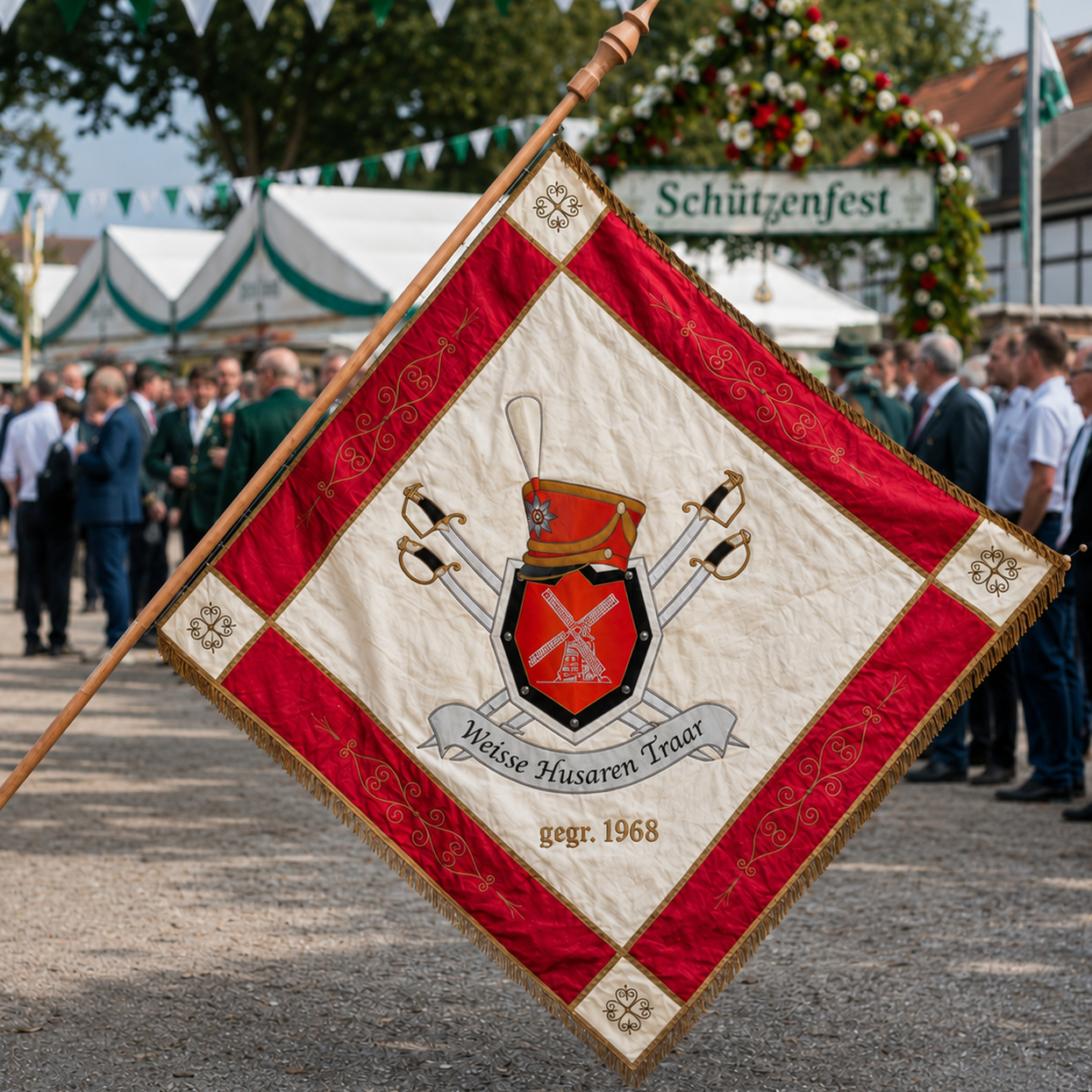 Vereinsfahne der Weißen Husaren Traar mit Wappen und Gründungsjahr auf einem Schützenfest